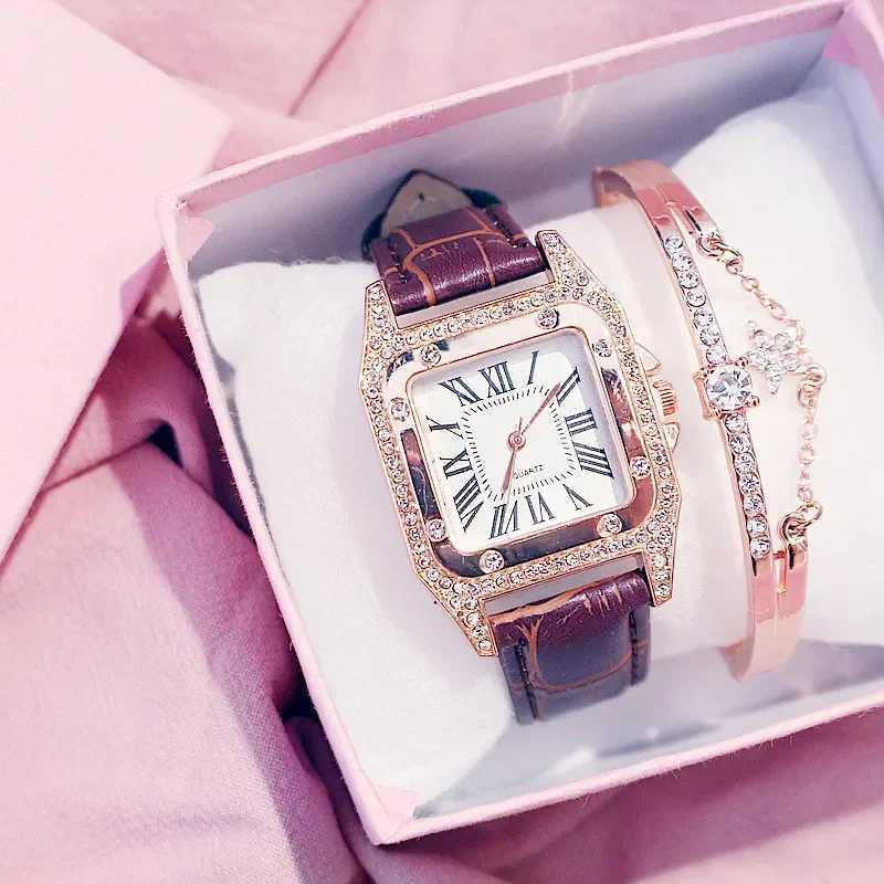 Women Diamond Watch Starry Square Dial Bracelet Watches Set Ladies Leather Band Quartz Wristwatch Female Clock Zegarek DamskiXJ241109