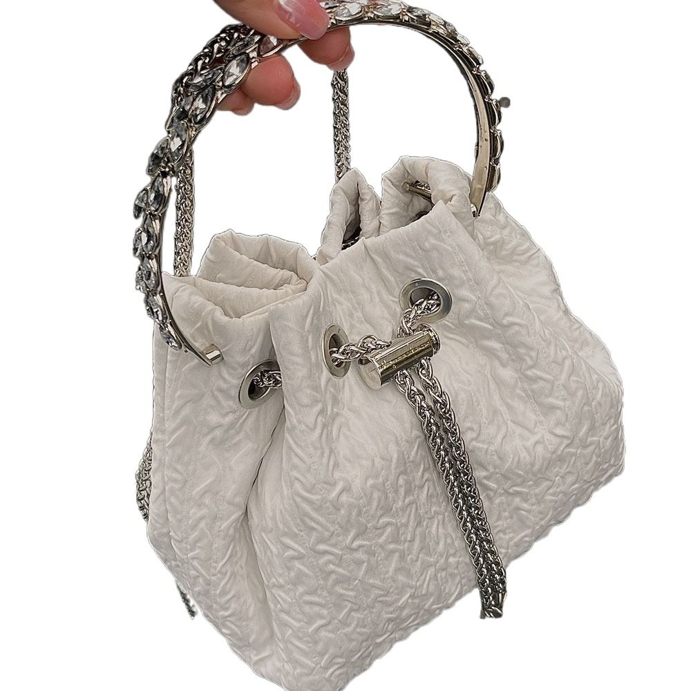 Korean Style Drawstring Bucket One-shoulder Dia Handle Chain Crossbody Bag Adjustable Oxford Pleated Handbag