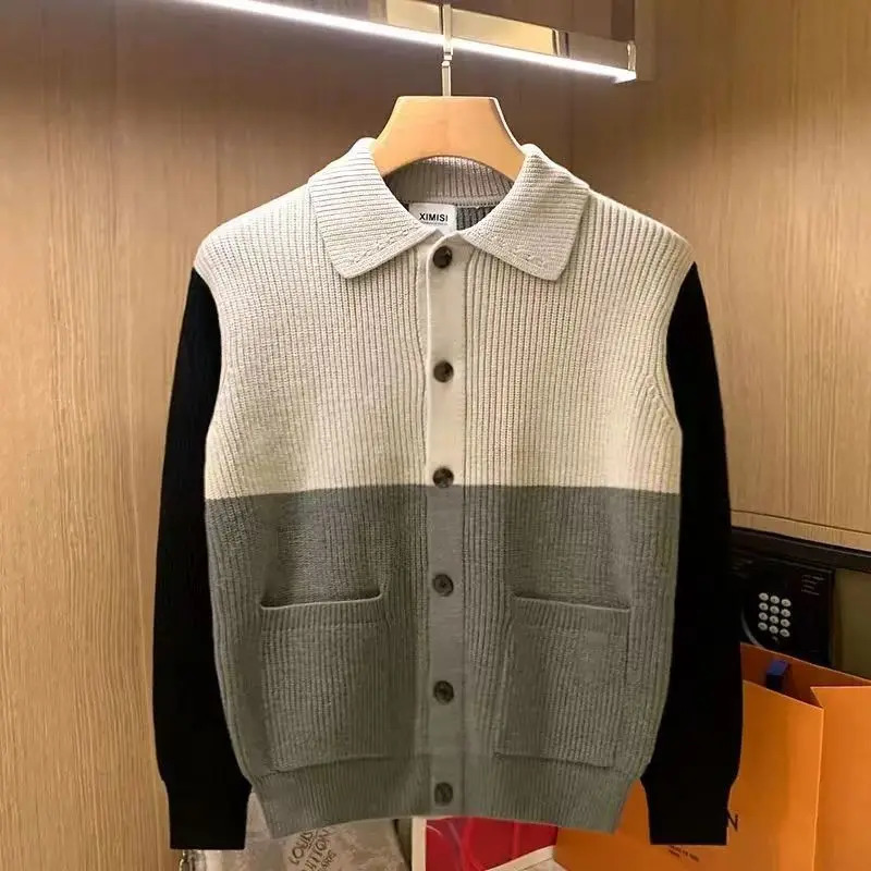 Mens Knitted Polo Shirt with Open Collar Standing Long Sleeve Button Mens Top Spring and Autumn Slimming Collar Sweater 241108
