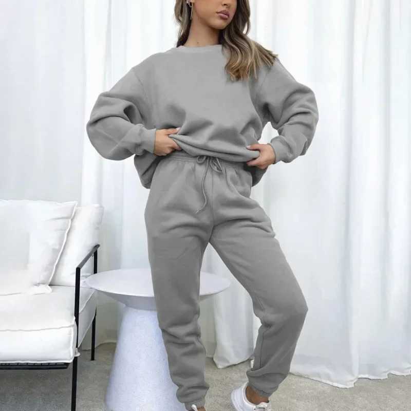 2024 European and American Spring and Autumn Solid Color Round Neck Hooded Pants Womens Fashion Casual Long Sve Hoodie SetX241112