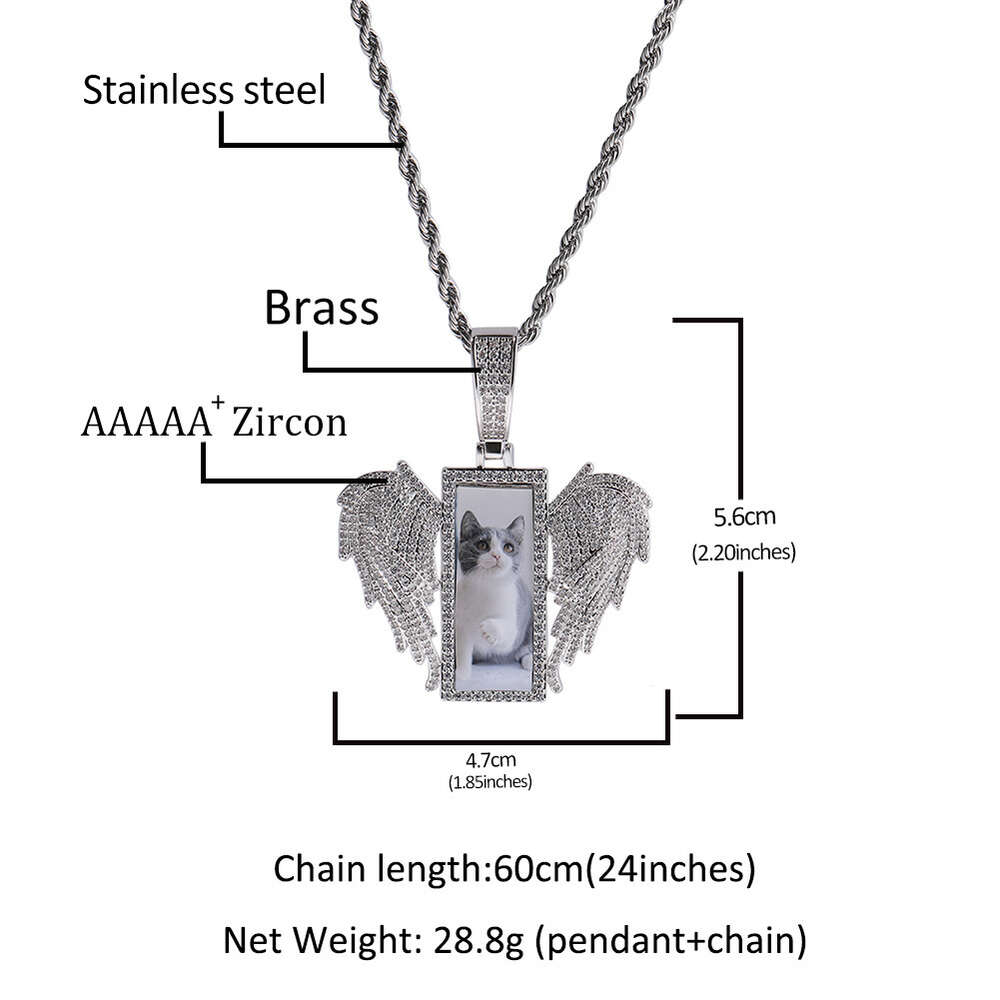 Top Quality Bling Rectangular Angel Wings Custom Photo Pendant Necklace Punk Hip Hop Jewelry New Creative Ins Style Necklaces Iced Out Cz Stone Jewelr