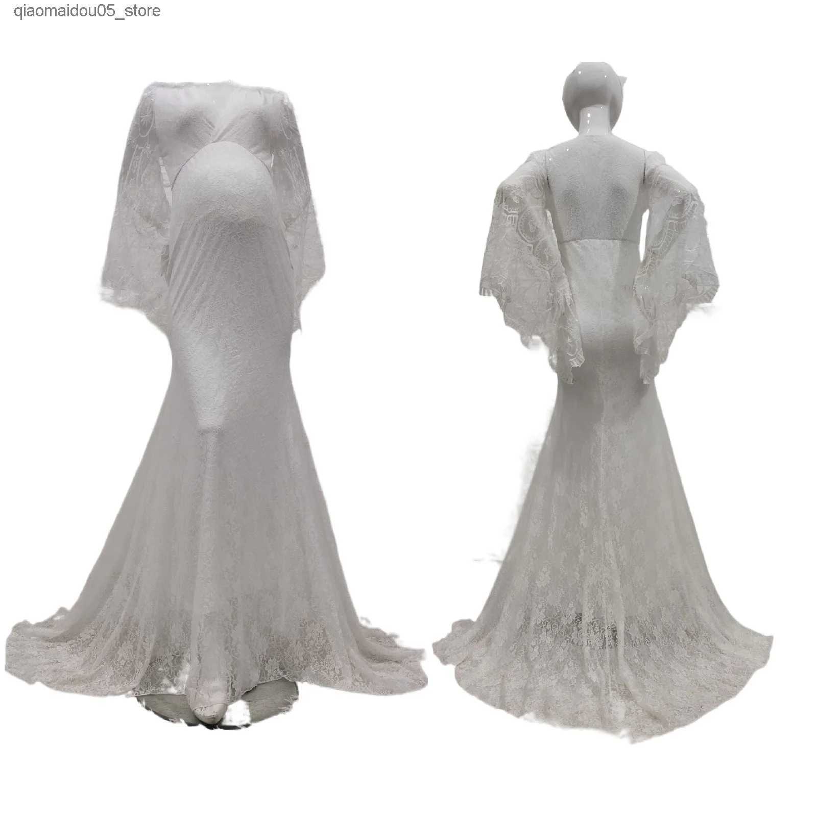 Maternity Dresses Pregnant Women Photography Dress Lace Womens V-neck Wrapped Flash Sleeves Maxi Baby Shower Photo Shooting Q240413