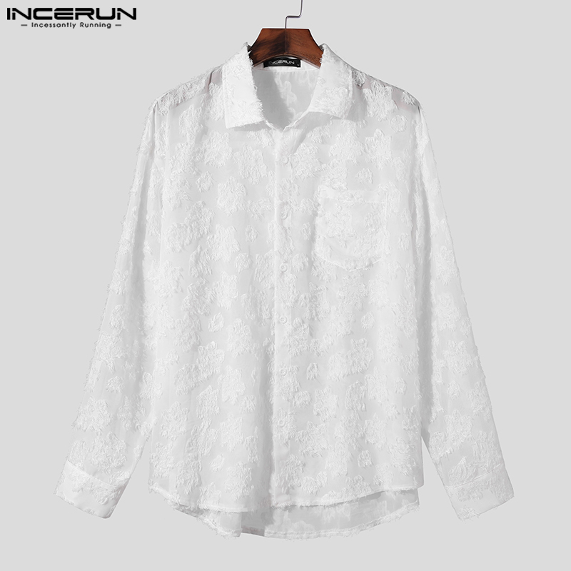 INCERUN Tops 2024 Handsome New Men's Perspective Solid Printed Tassels Design Shirts Casual Male Long Sleeved Lapel Blouse S-5XL