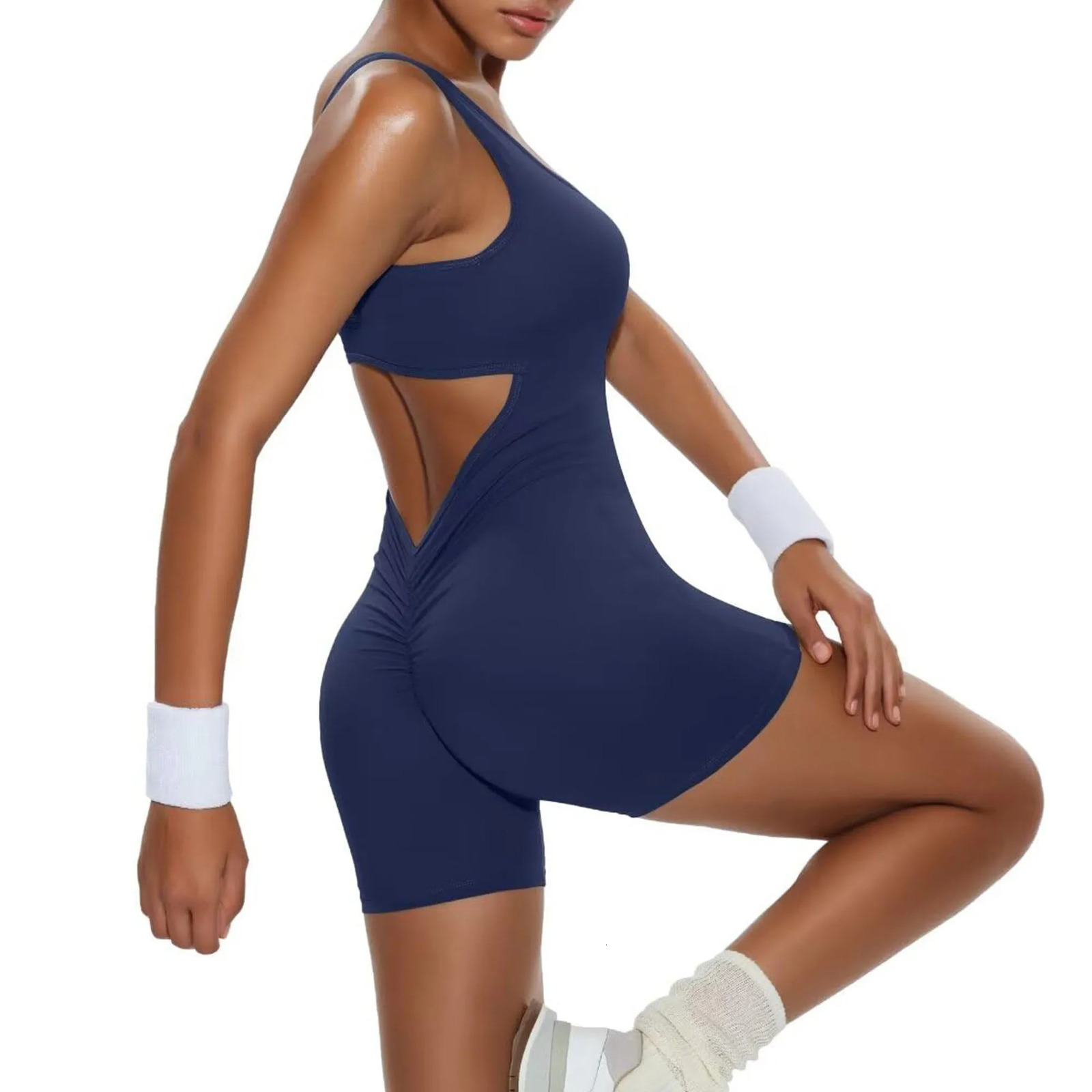 Jumpsuits for Women Sexy Backless One Piece Jumpsuit Yoga Shorts Sleeveless Tummy Control V Back Scrunch Bodycon Romper 240401