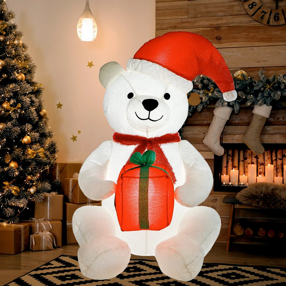 Inflatable Plush Doll White Polar Bear Holding Gift Box LED Lighted Blow Up Christmas Decoration Year Party Home Ornament 241113