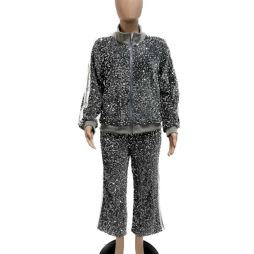 European Fashion Women Black Silver Sequin Long Pant Suit Spring Long Sve Ele 2 Pieces Club TracksuitsX241112