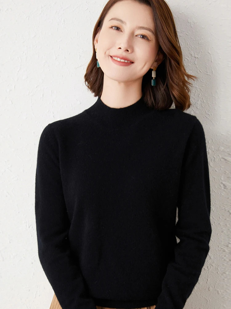 Womens solid semi high neck cashmere sweater autumn and winter loose plus size knitted wool casual sweater bottom sweater 241113