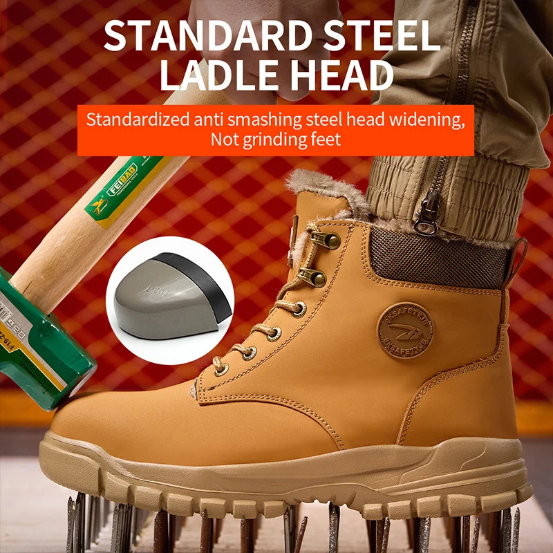 Waterproof Safety Shoes Men Plush Warm Winter Boots Steel Toe Shoes Work Boots Indestructible Shoes Puncture-Proof Snow Boots 241112