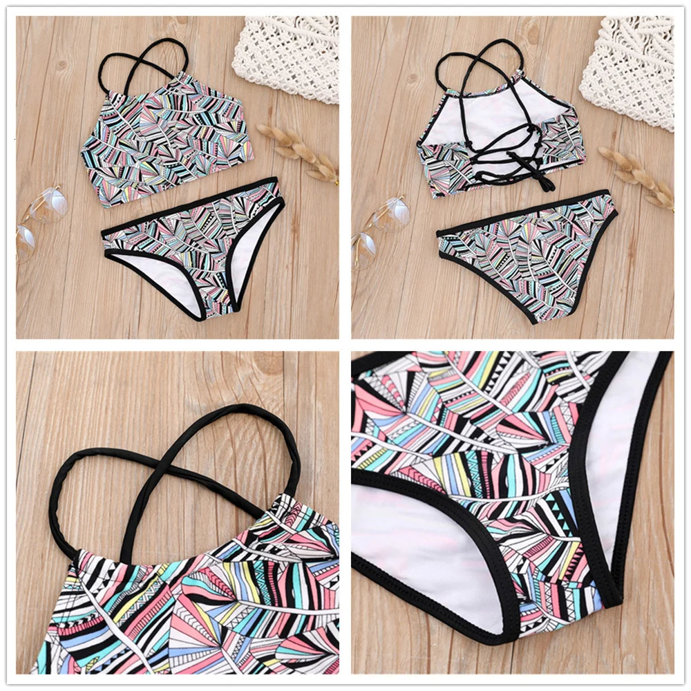 7-14 Years Print Falbala Girls Kids Swimwear Swimsuit Summer Children Biquini Infantil Bathing Suit Kids Girls Bikini Set 240412