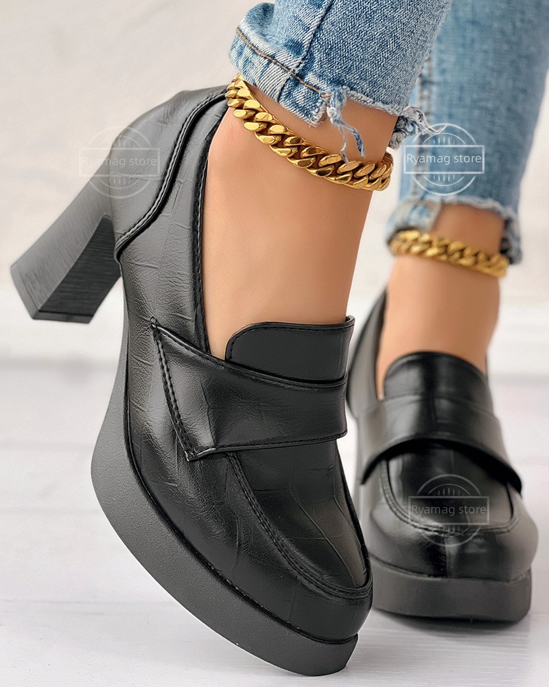 Loafers Women's Crocodile Round Toe Chunky Heel Pumps Mid Heel Square Heel Pumps Round Toe Office ShoesSlip-On Platform Pumps
