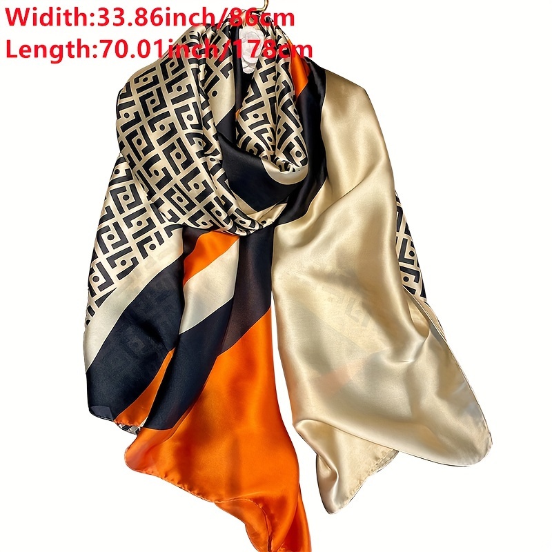 Stylish Geometric Striped Printed Scarf Simulated Silk Satin Smooth Shawl Spring Summer Sunscreen Windproof Scarf