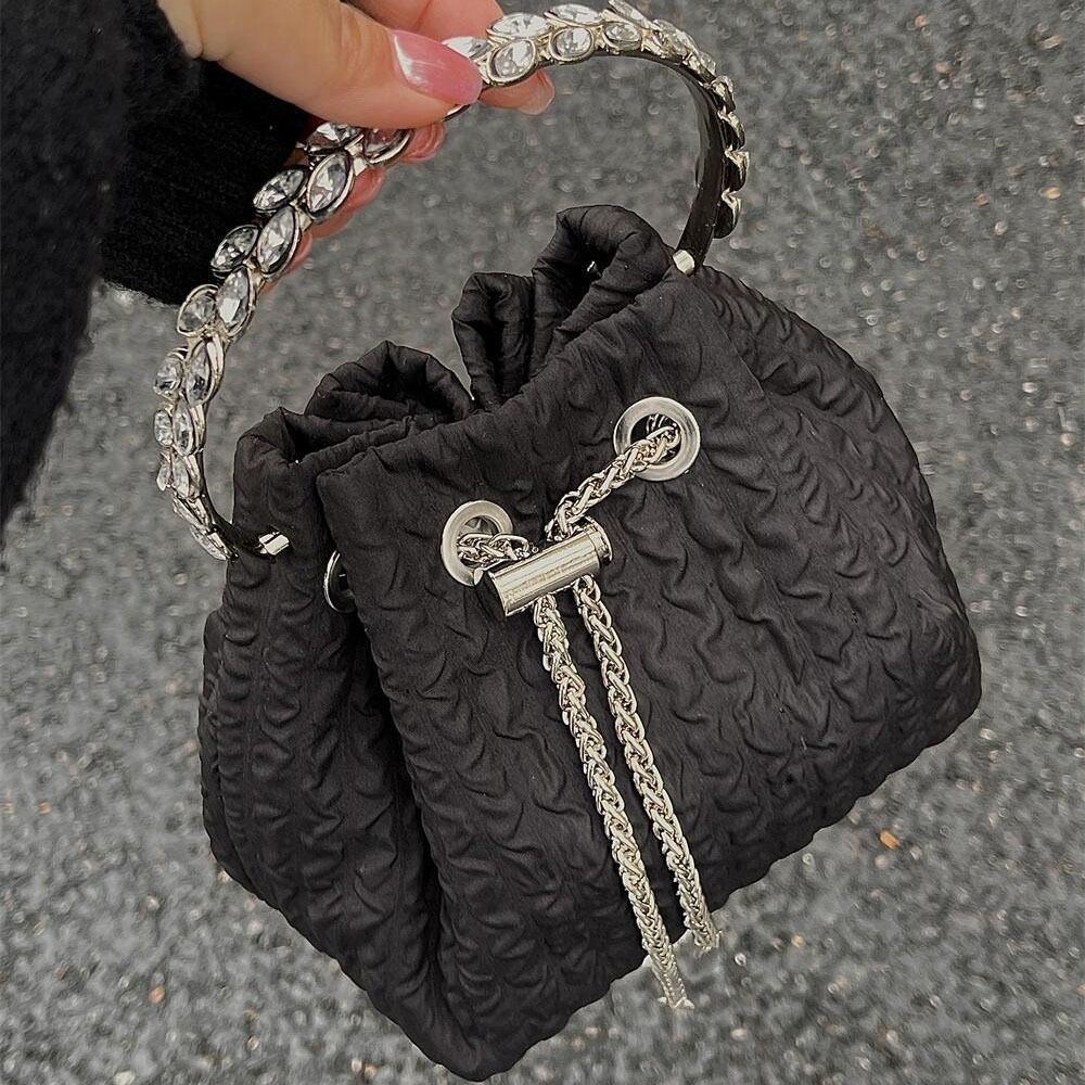 Korean Style Drawstring Bucket One-shoulder Dia Handle Chain Crossbody Bag Adjustable Oxford Pleated Handbag