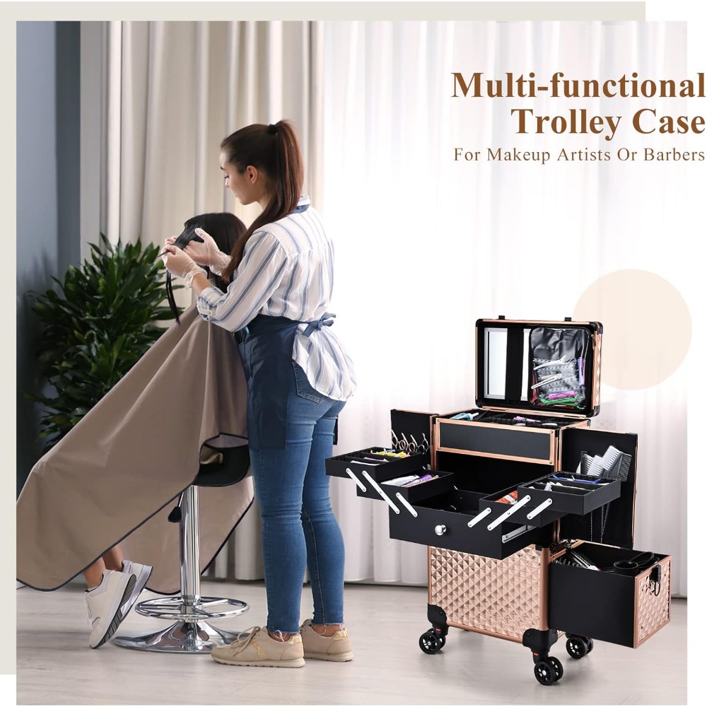 Adazzo Professional Makeup Artist Rolling Train Case Multi-functional Cosmetic Train Case Large Trolley Storage Case for Nail