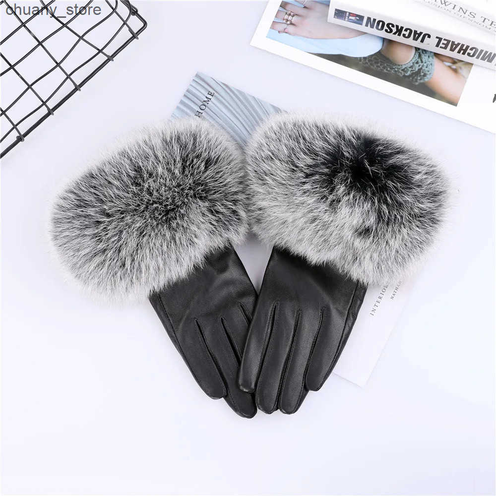 Fingerless Gloves Sheepskin Natural Fox Fur Trimming Gloves Womens Genuine Leather Wrist Warmer Glove Winter Warm Fashion Mittens Fce Lining L240910