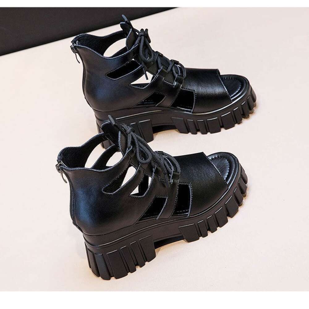 Summer Hollow Breathable Roman Sandals For Women 2024 New Versatile High Thick Sole Cool Slope Heel Matsuke Shoes