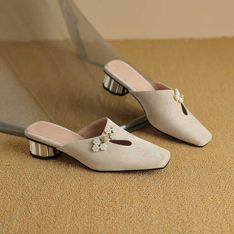 Chinese Style Baotou Slippers Summer New Elegant Beaded Decoration Cm Comfortable Round Heel Ddmysheep Ddmysheep ddmythur