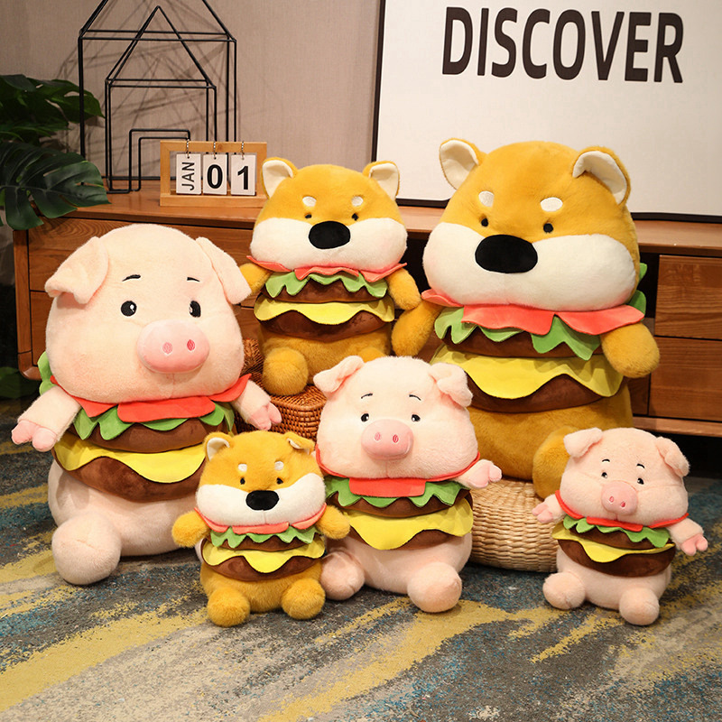 25cm Kawaii Hamburger Dog Pig Doll Plush Toy Stuffed Soft Creative Animal Pillow Toys for Holiday Birthday Gift