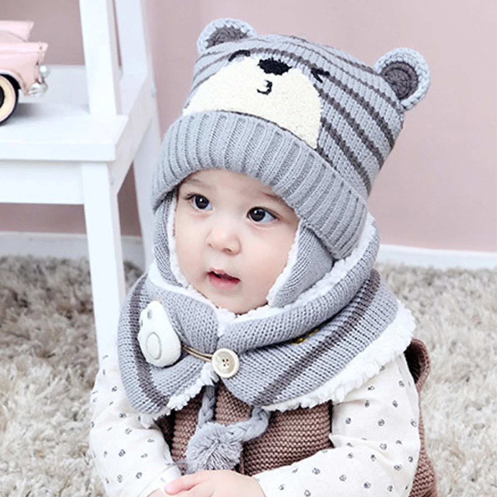 Winter Kids Baby Girls Boys Cartoon Bear Stripe Knit Hat Cap Woolen Yarn Scarf Earmuff Warm Keep Set for Outdoor Caps 241112