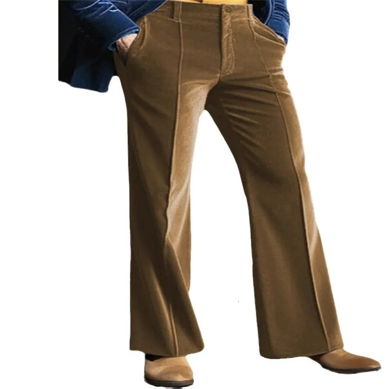 Mens Retro Flare Velvet Pants Pure Green Blue Soft Full Length Trouser Plus Size Mens Stand up Pocket Casual Boots Tailored Sports Pants 241113