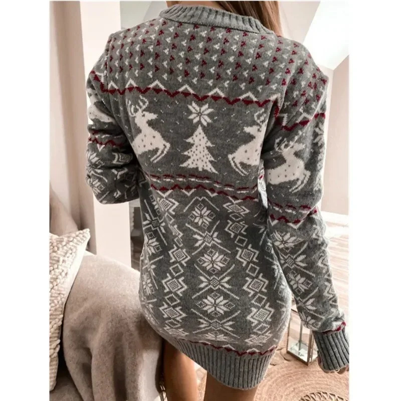 Winter Womens Christmas Sweater Cartoon Deer Print Full Sleeve Knitted Tank Top Jumping Sexy Tight Dress Christmas Appearance 241113