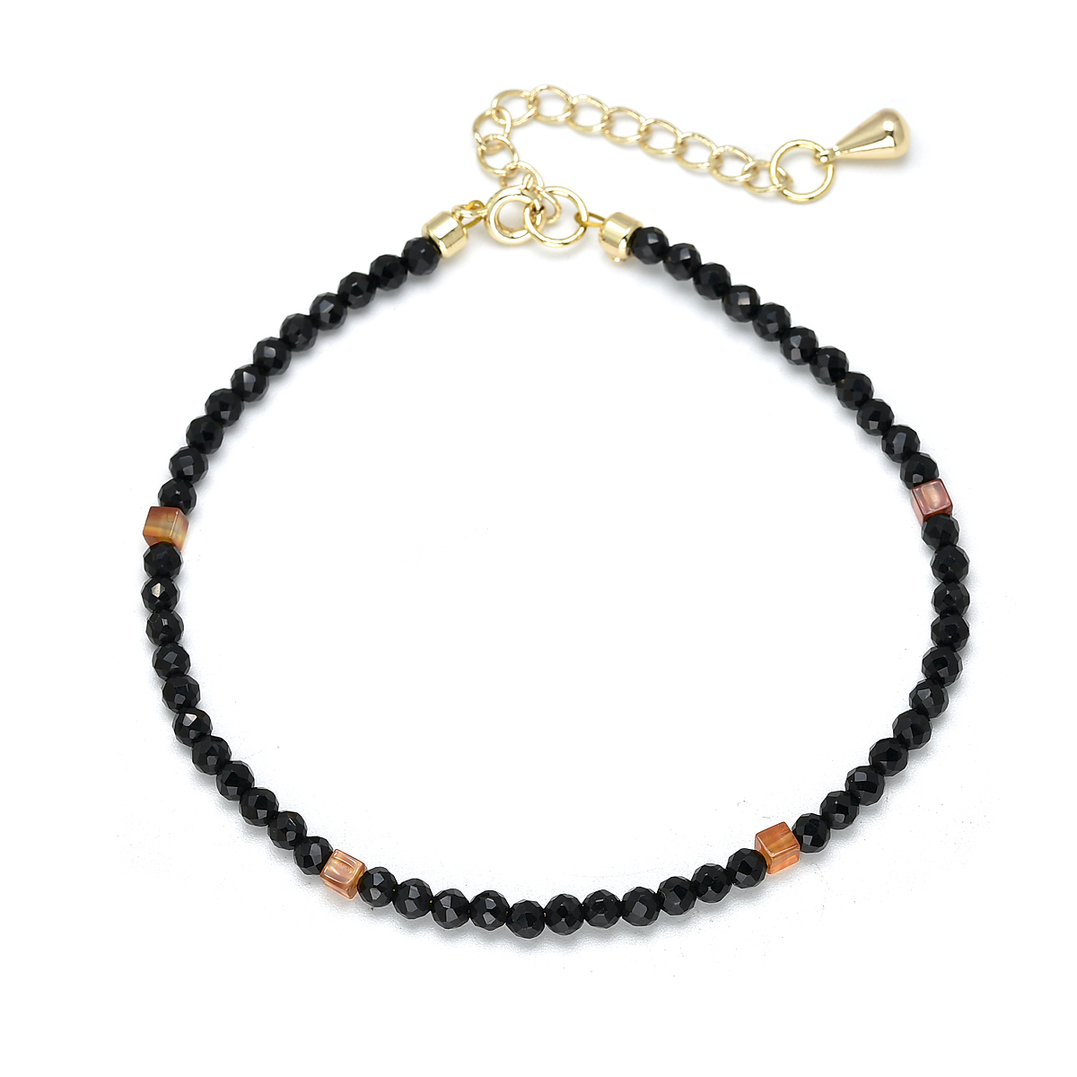 Black Obsidian Real 3mm and Carnelian Lucky Crystal Gem Stone Bracelets for Women Copper Plated with 14K Gold Jewelry smile
