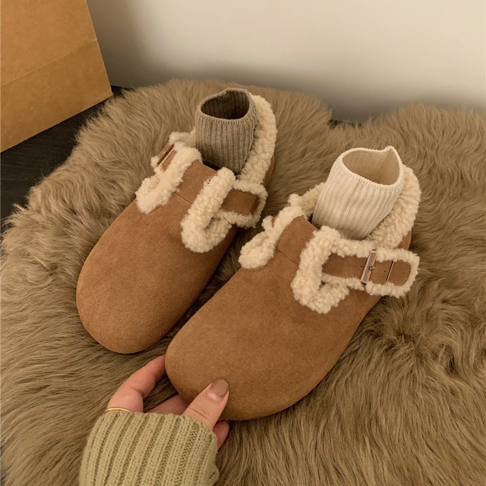 Retro thick soled brown velvet fur shoes for women, wearing warm cotton shoes for autumn and winter, snow boots for women