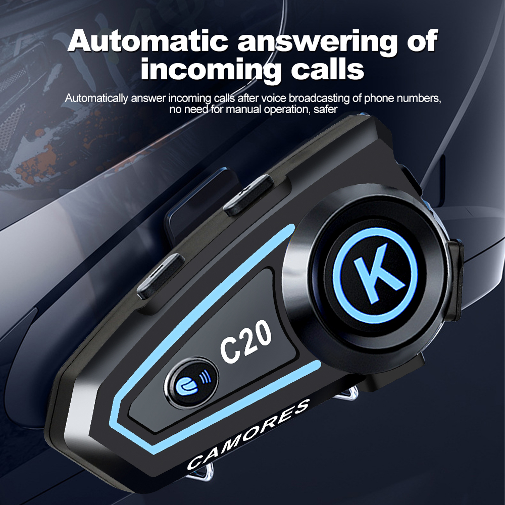 C20 Motorcycle Helmet Headset Stereo Bluetooth Hands Free Call IPX6 Waterproof 1200mAh With Tri-Color Ambient Light