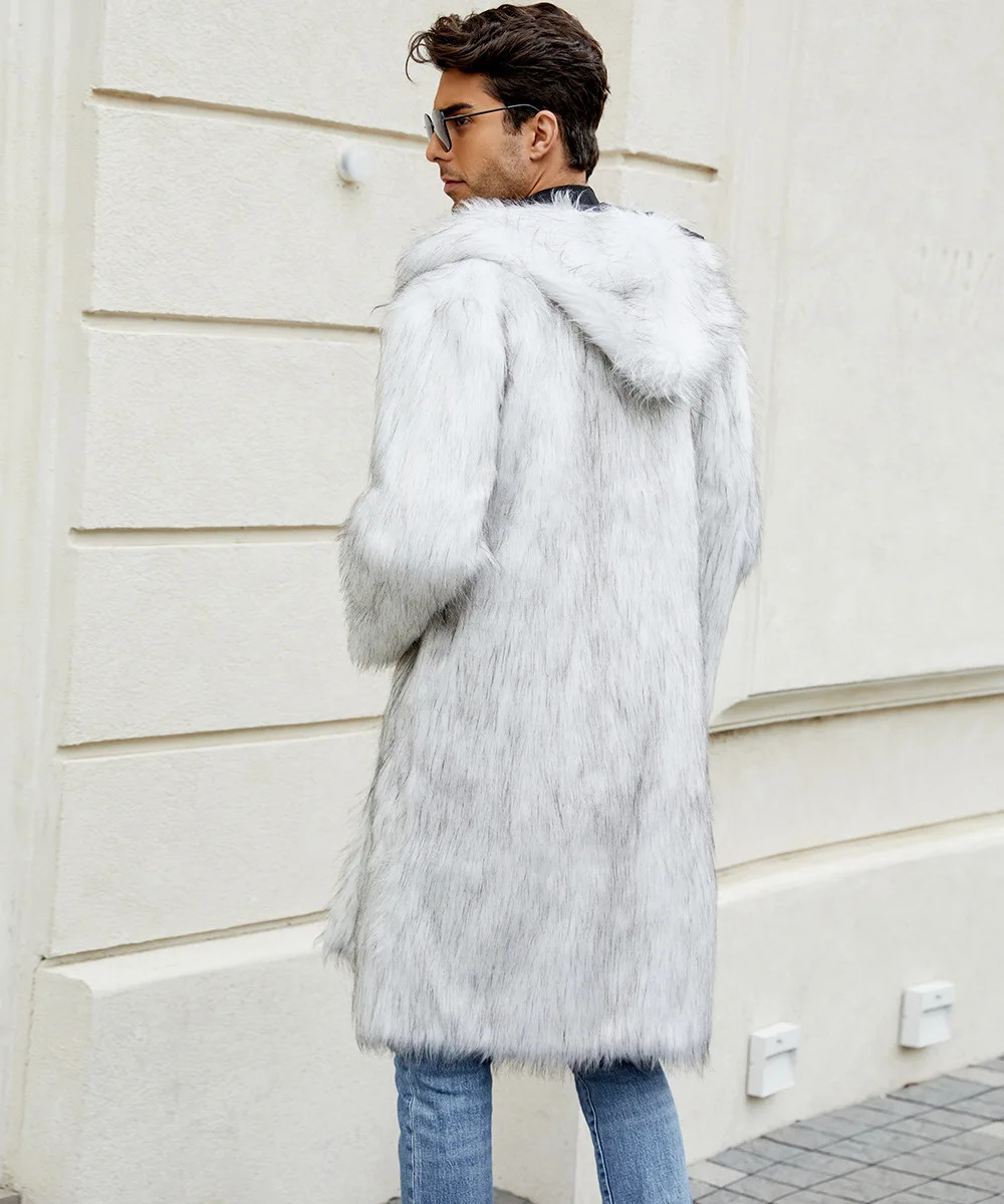 Fur jacket with open collar and hood synthetic fur splicing long sleeved loose mens open seam coat solid autumn street 241113