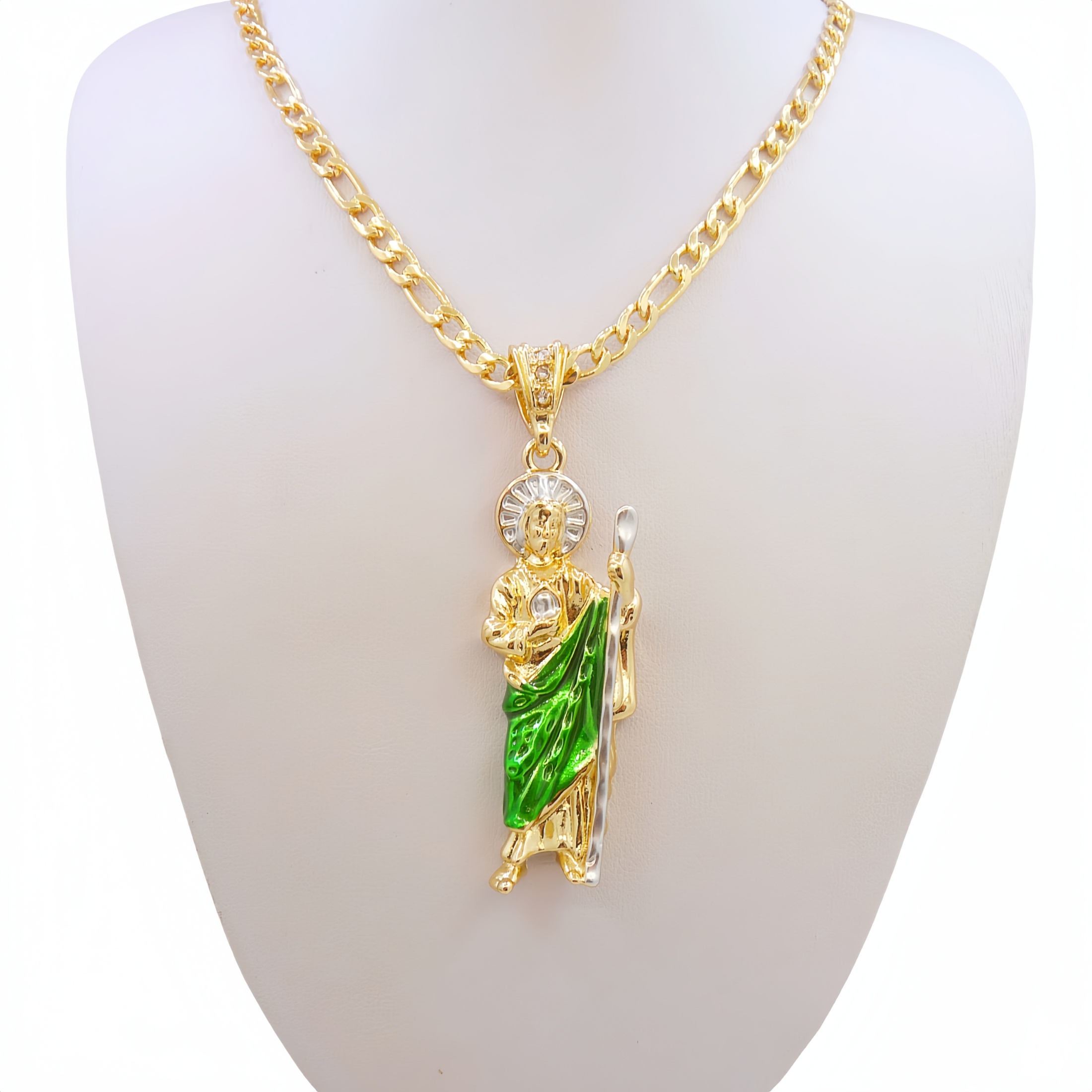14K Gold Plated Figaro Chain Saint Jude San Judas Pendant Necklace