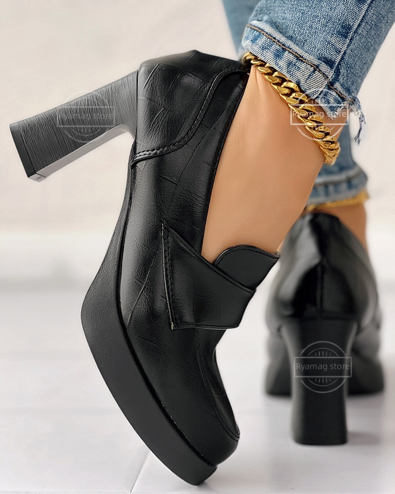 Loafers Women's Crocodile Round Toe Chunky Heel Pumps Mid Heel Square Heel Pumps Round Toe Office ShoesSlip-On Platform Pumps