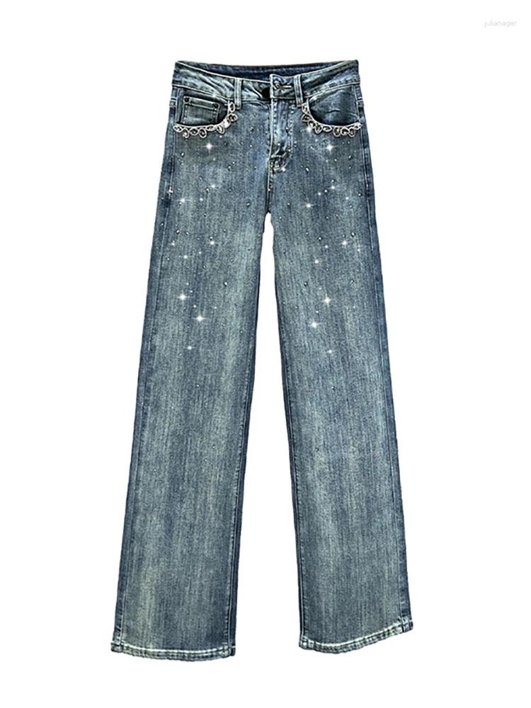 Women's Jeans High Waist Pockets Edge Diamond Studded Straight Wide Leg Blue Denim Pants 2024 Autumn Fashion 29L3903