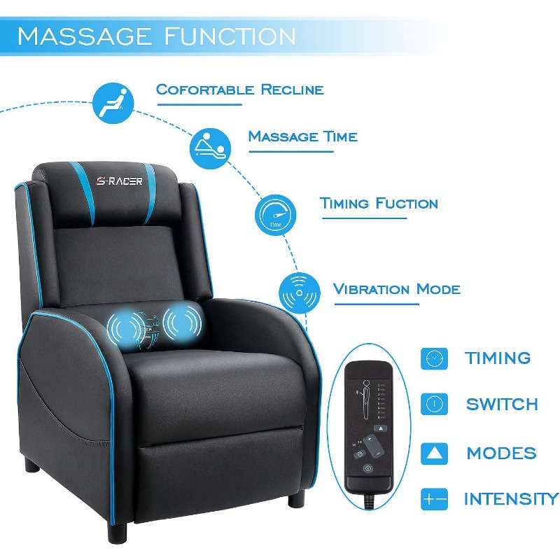 Homall Gaming Massage Recliner Chair Racing Style Single Living Room Sofa Recliner Leather Recliner Seat Comfortable Ergonomic
