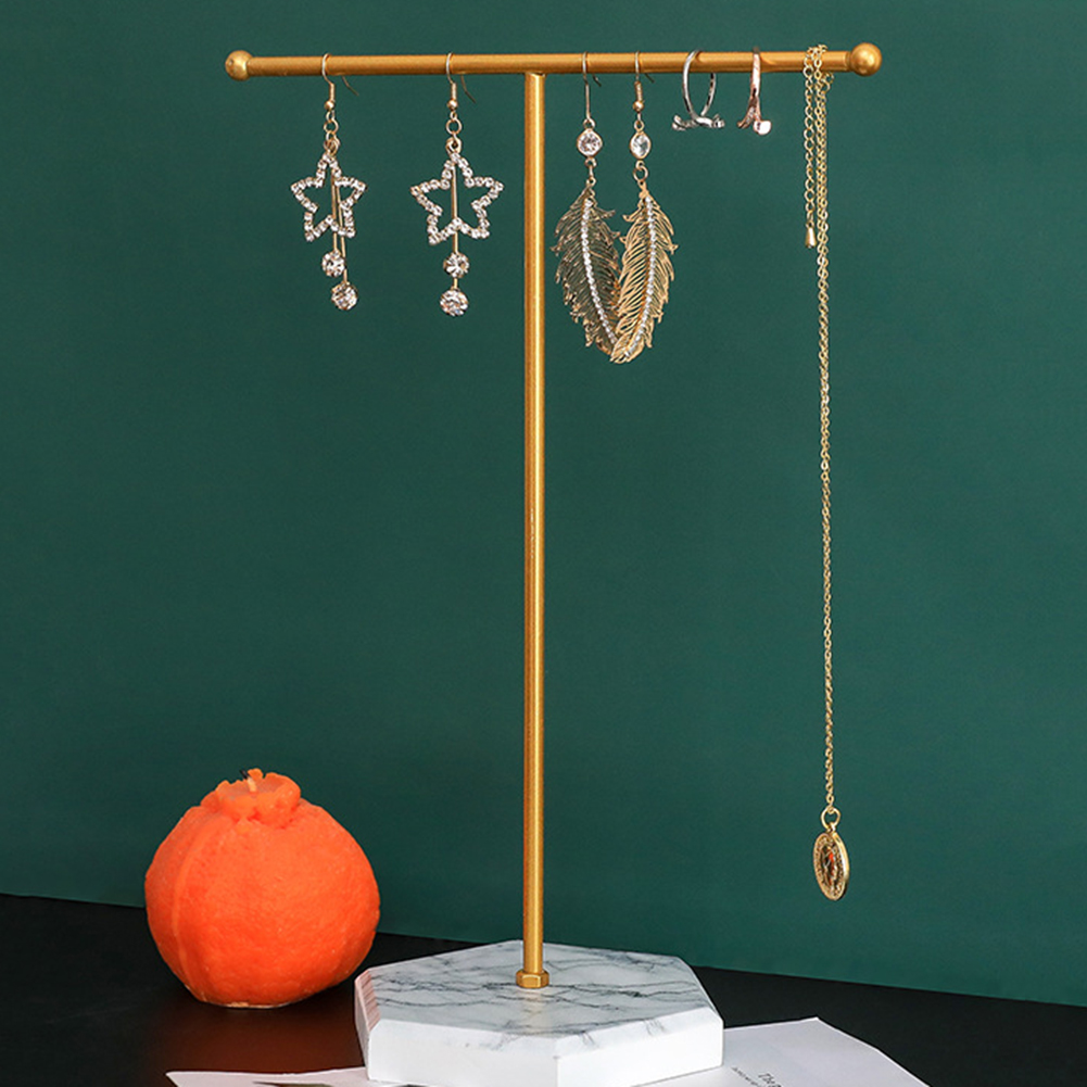 T-shaped Jewelry Shelf with Wood marble grain Base Minimalist Display Tower Metal for Bangles Necklaces Bracelets Rings Bag