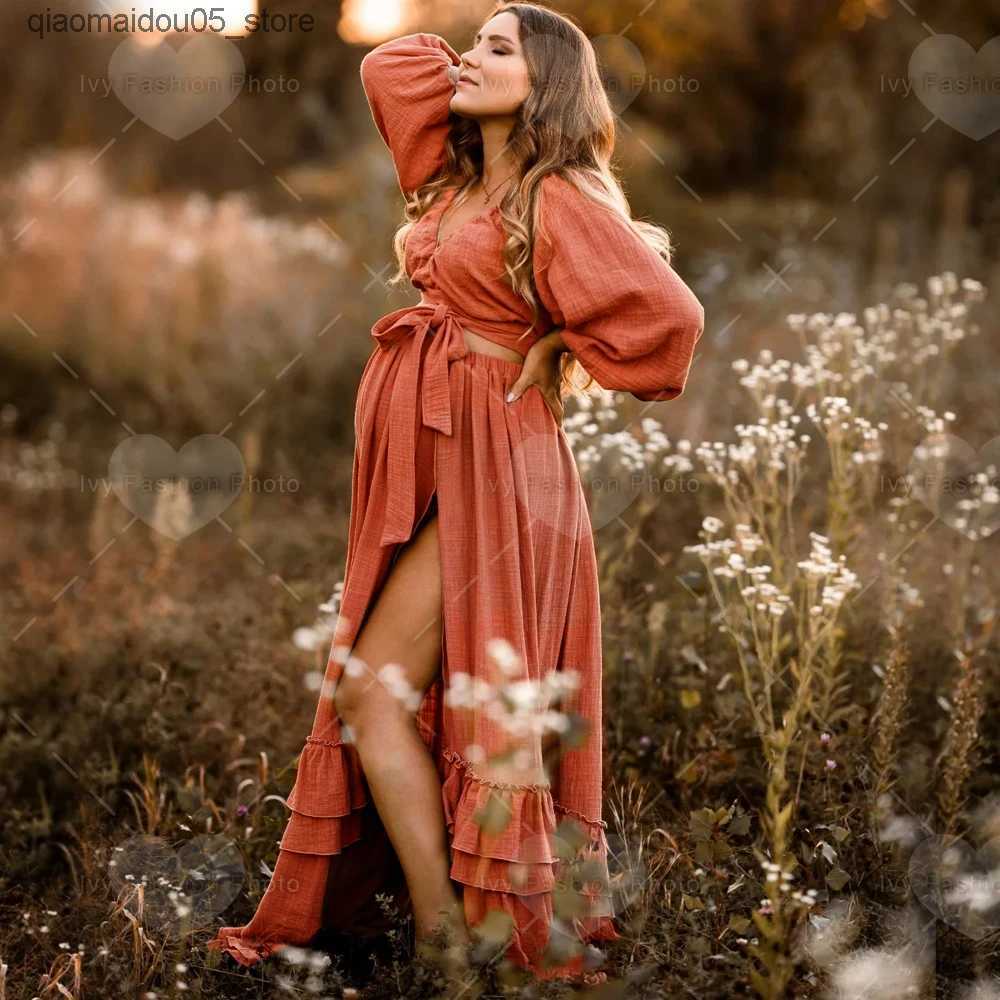 Maternity Dresses Linen cotton maternity dress for photo shooting two-piece set cotton maternity swimsuit Bohemian maternity dress Q240413