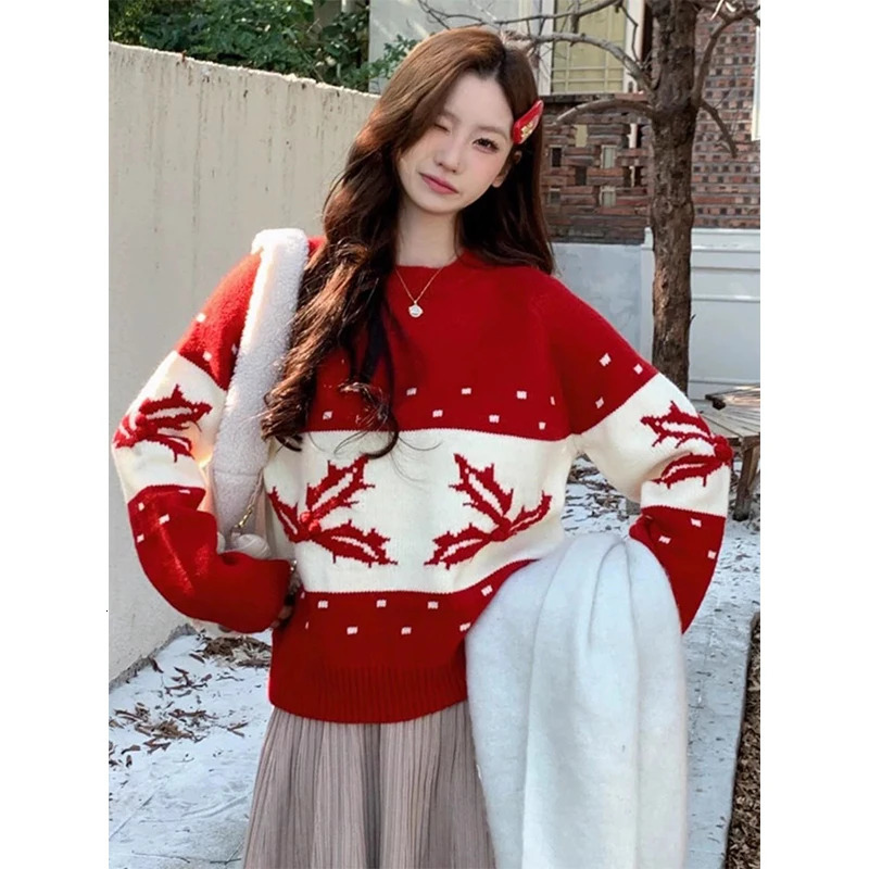 Christmas Red O-neck Knitted Floral Womens Autumn and Winter Fashion Jacquard Long Sleeve Sweater Sweet Full Match Knitted Top 241113