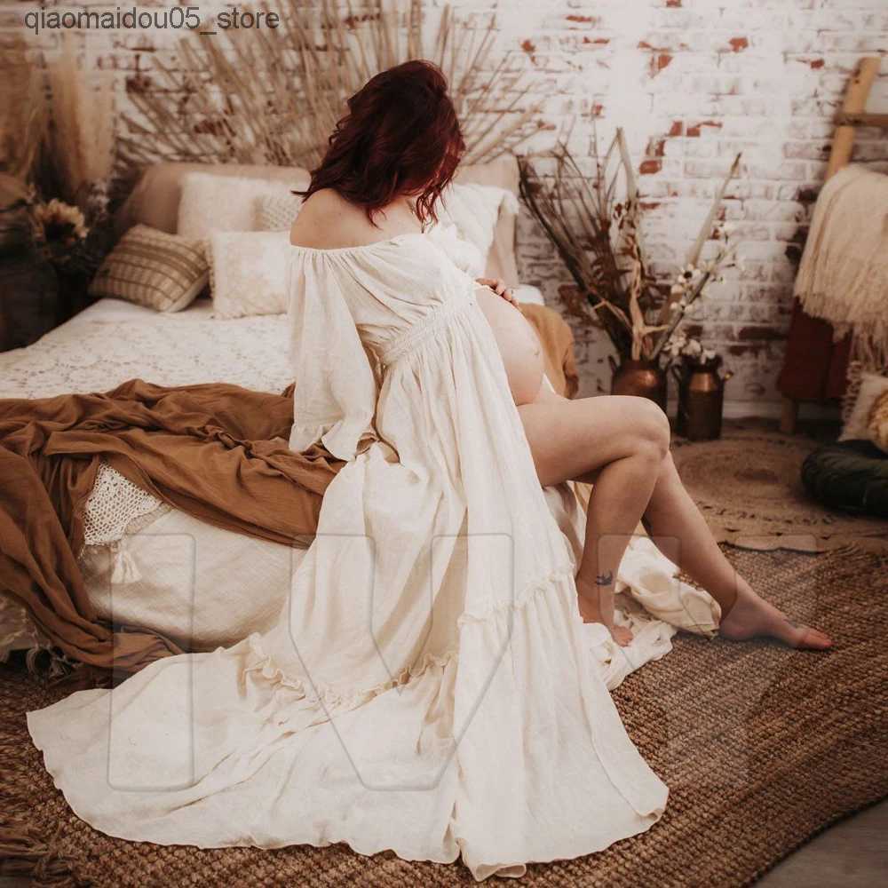 Maternity Dresses Bohemian photo shoot maternity dress one shoulder with split drag dress Photoshot clothing maternity photography props Q240413
