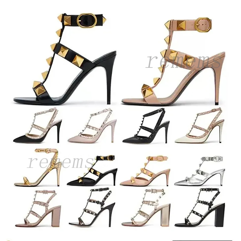 Designer High Heel Vt Sandal Dress Shoes Ankle Strap Roman Studs Black Nude Strip Rivets Women's Stiletto Block Women Designers Heels sexy sizes 35-42