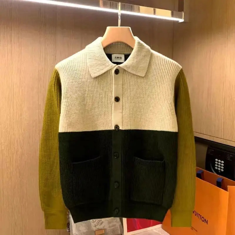 Mens Knitted Polo Shirt with Open Collar Standing Long Sleeve Button Mens Top Spring and Autumn Slimming Collar Sweater 241108