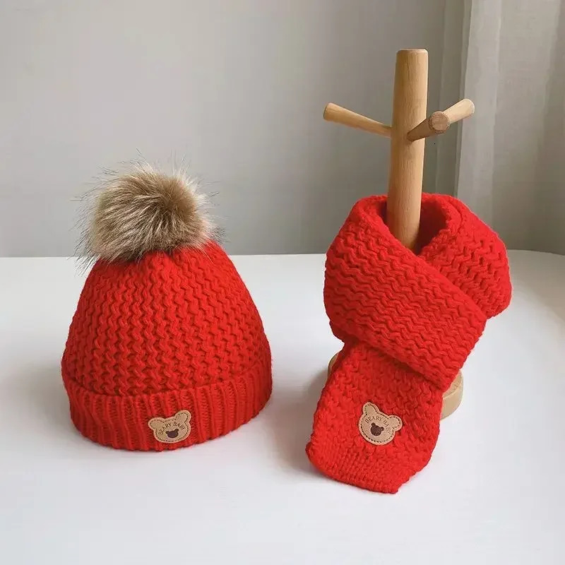 Warm Knitted Young Kids Beanie Scarf Set for Boy Girl Cute Cartoon Bear Crochet Bonnet for Toddler Autumn Winter Knitted Hat 241112
