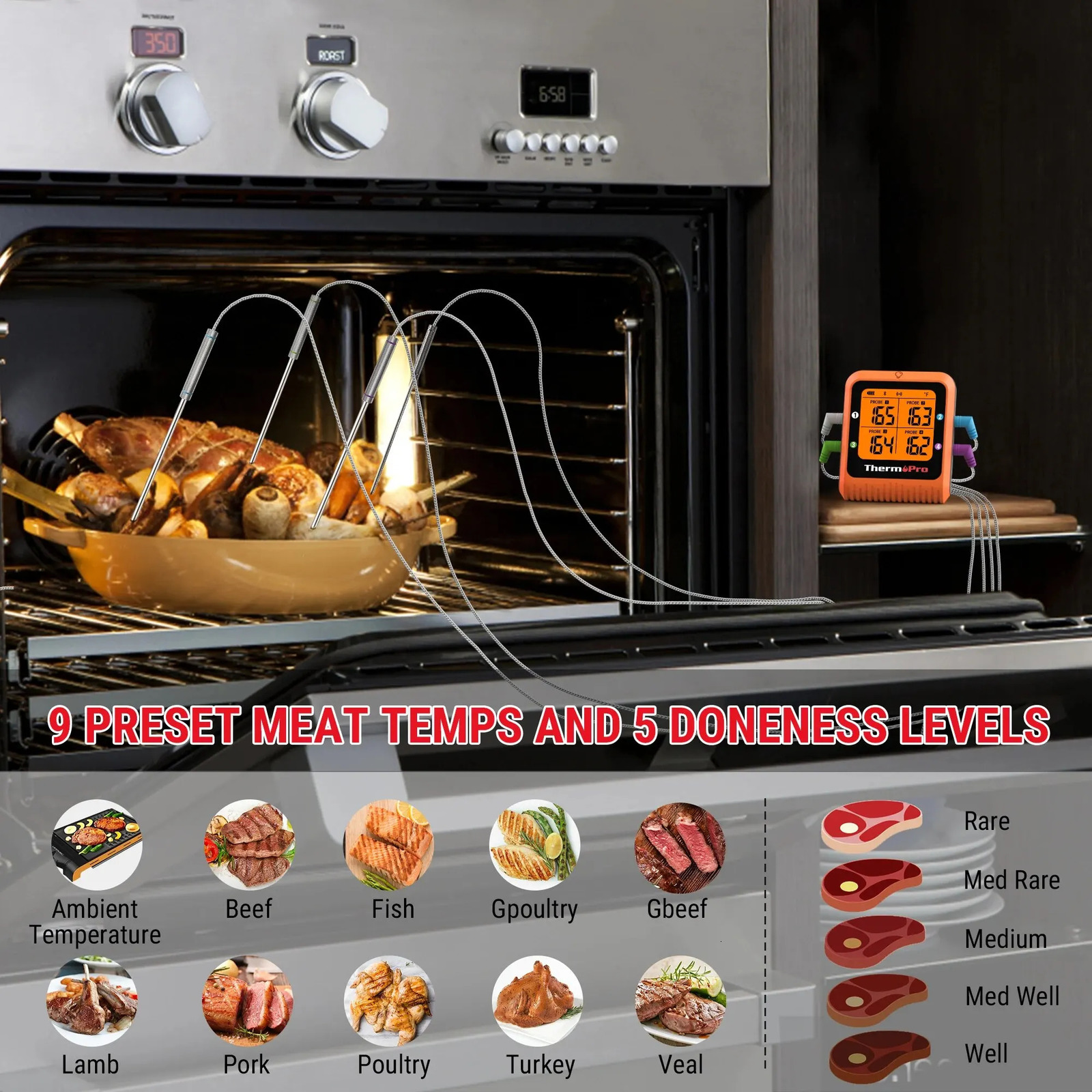 ThermoPro TP930 200M Wireless Remote Bluetooth Kitchen Digital Temperature Gauge with 4 Probes Used for Barbecue Meat Oven Barbecue Cooking 241113