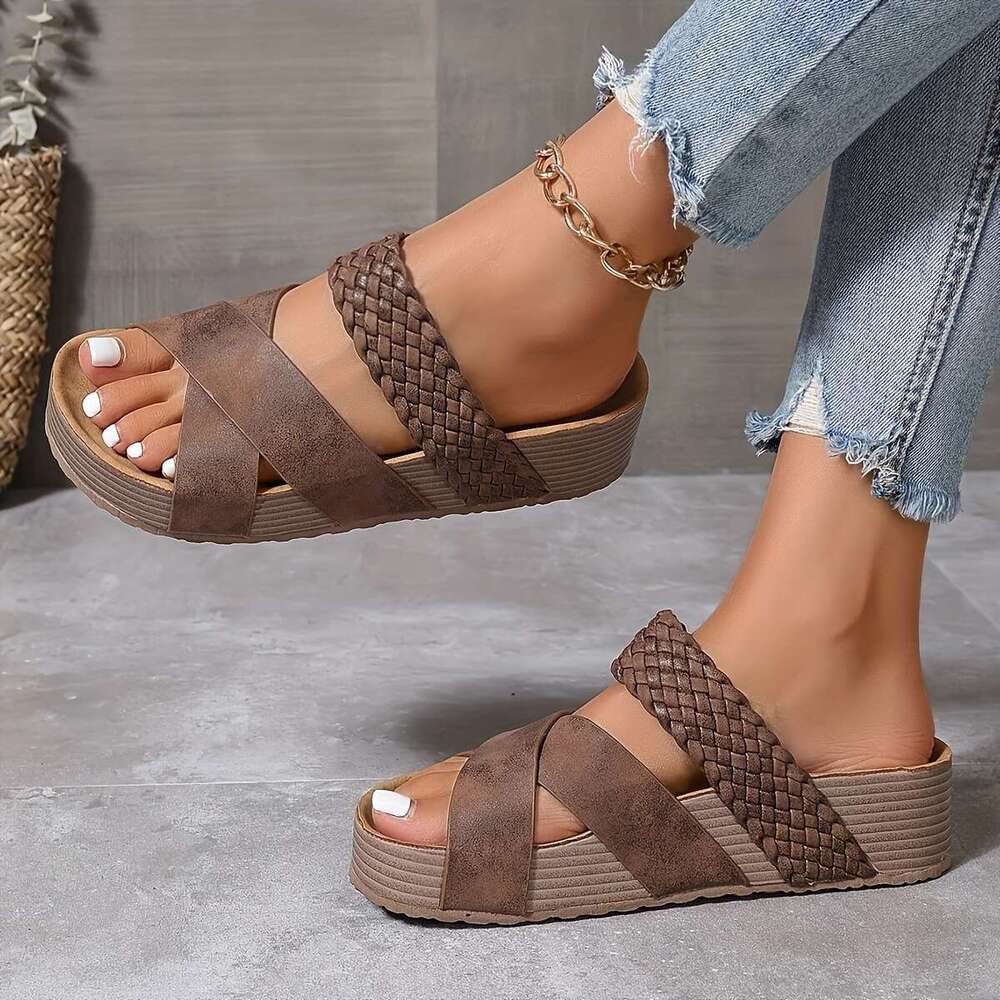 Summer Espadrille Women's Slide Sandals, Crisscross Band Open Toe Casual Outdoor Platform Slides