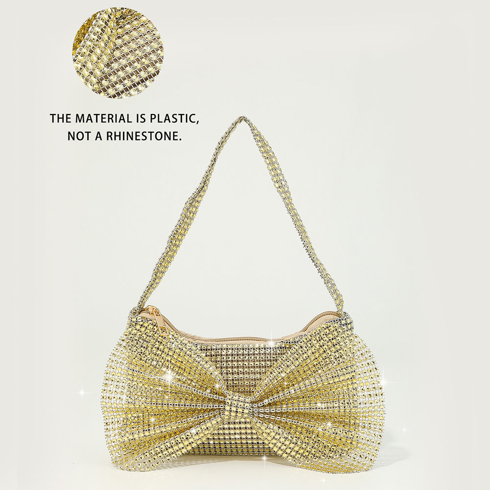 Women Elegant Shoulder Bag Solid Color Rhinestone Evening Armpit Bag Zipper Closure for Dinner Party Wedding