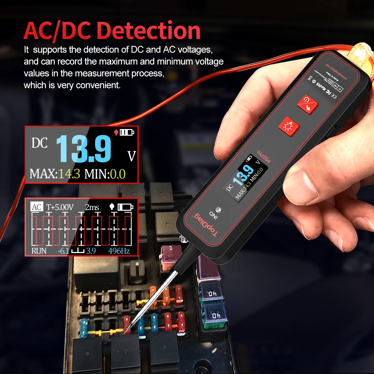 Topdiag P50 Pro Automotive Circuit Tester Electrical Oscilloscope Power Circuit Probe Kit 12V 24V Battery Car Diagnostic Tool
