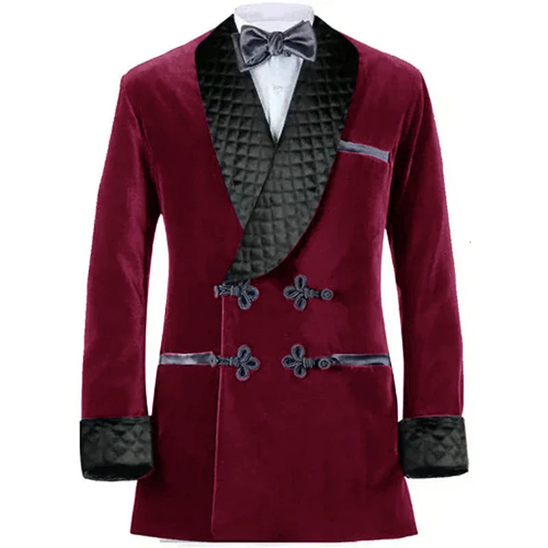 Mens suit double chest jacket wedding party grooms tailcoat ultra-thin fit 2 pieces of Burgundy velvet smoking jacket 2024 241113