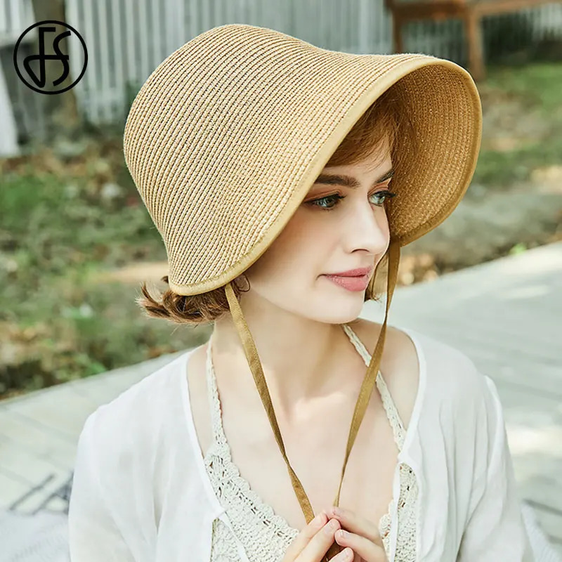 FS Fashion Straw Regency Bonnets Hats For Women Party Sun Hats Bow Beach Cap Big Wide Brim Cloche Hat Fedora Chapeau Femme 240412