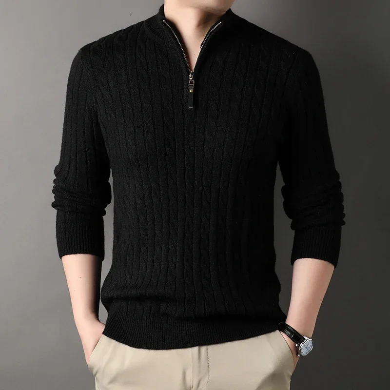 Winter mens quarter zipper sweater ultra-thin fit casual knit turtle neck pullover plain neck polo shirt 241113