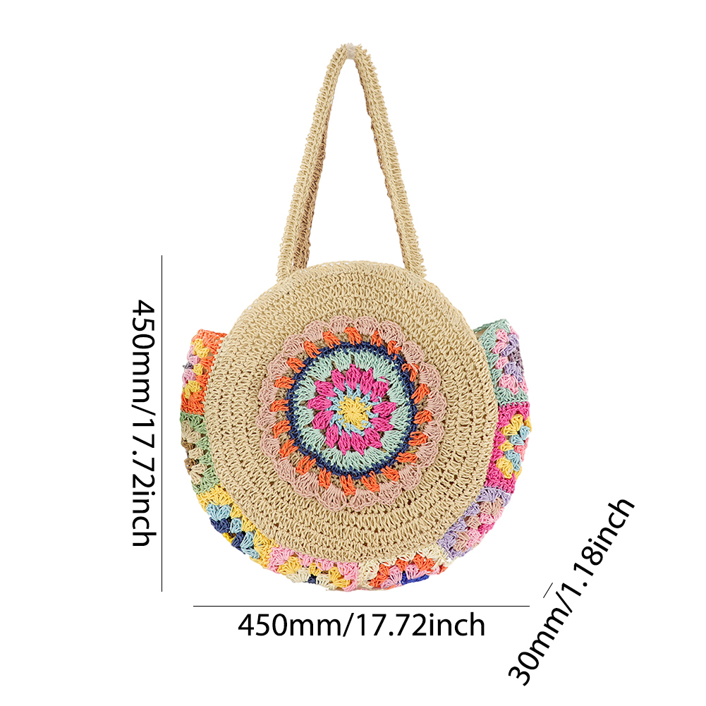 Women Fashion Woven Handbag Round Straw Woven Tote Bag Weave Straw Bag Large Capacity Ethnic Style for Travel Vacation