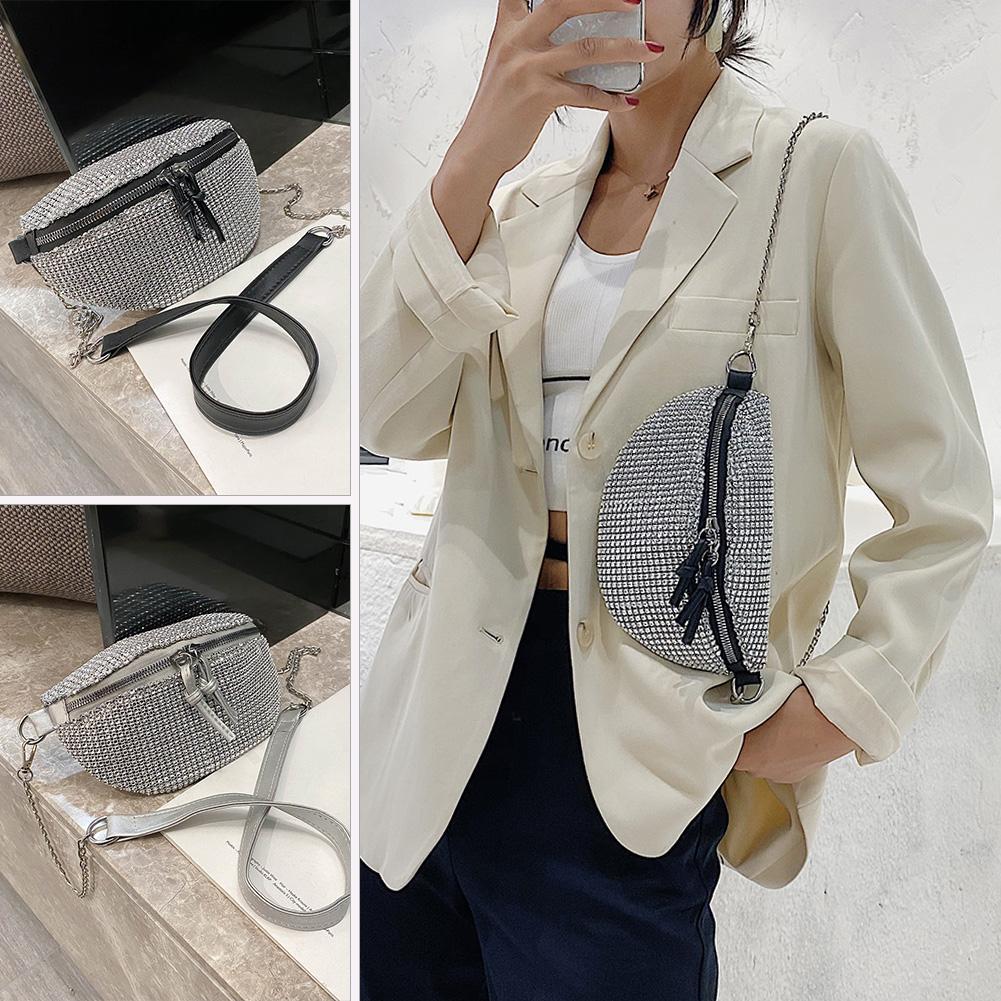 Chest Women Fanny Bag Zipper Belt Money Purse Rhinestone Chain Crossbody Packs smile