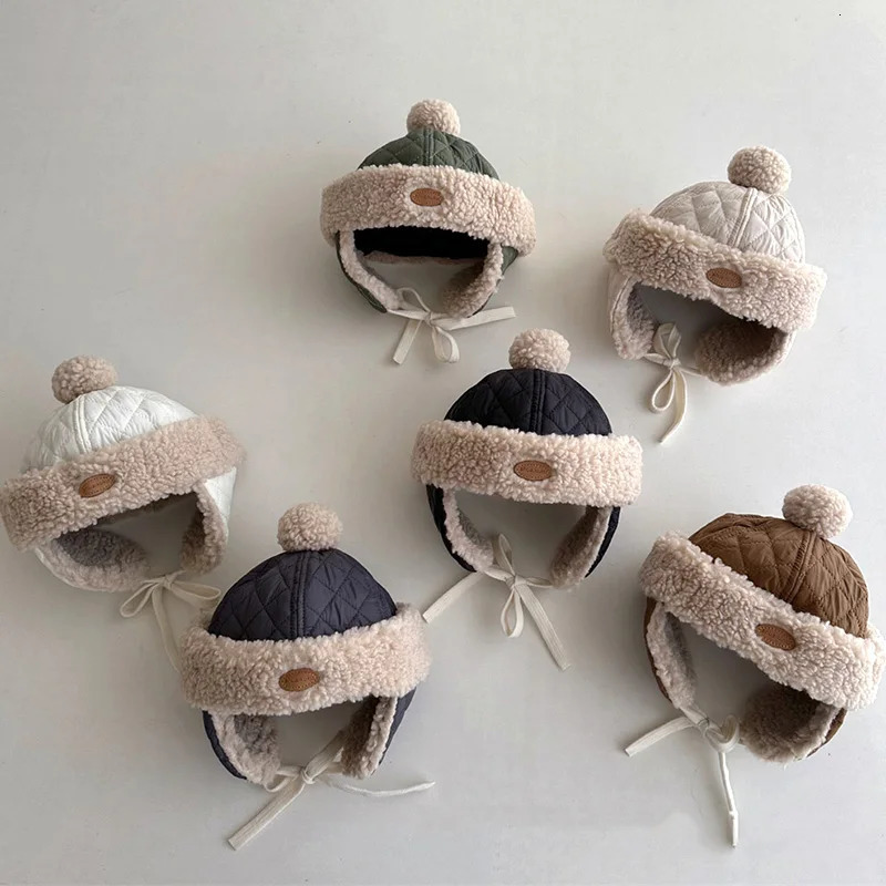 Kids Winter Plush Earflaps Beanies Childrens Padded Caps Baby Girls Thicken Warm Fur Hats 1-4Years Woolen Bomber Hats for Boys 241112