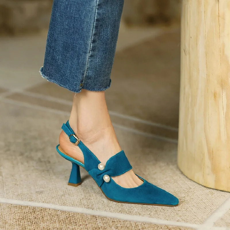 Summer Sheep Suede Leather For Women Pointed Thin Heel Shoes Cover Toe Sgback Shoe Blue Pearl Sandals